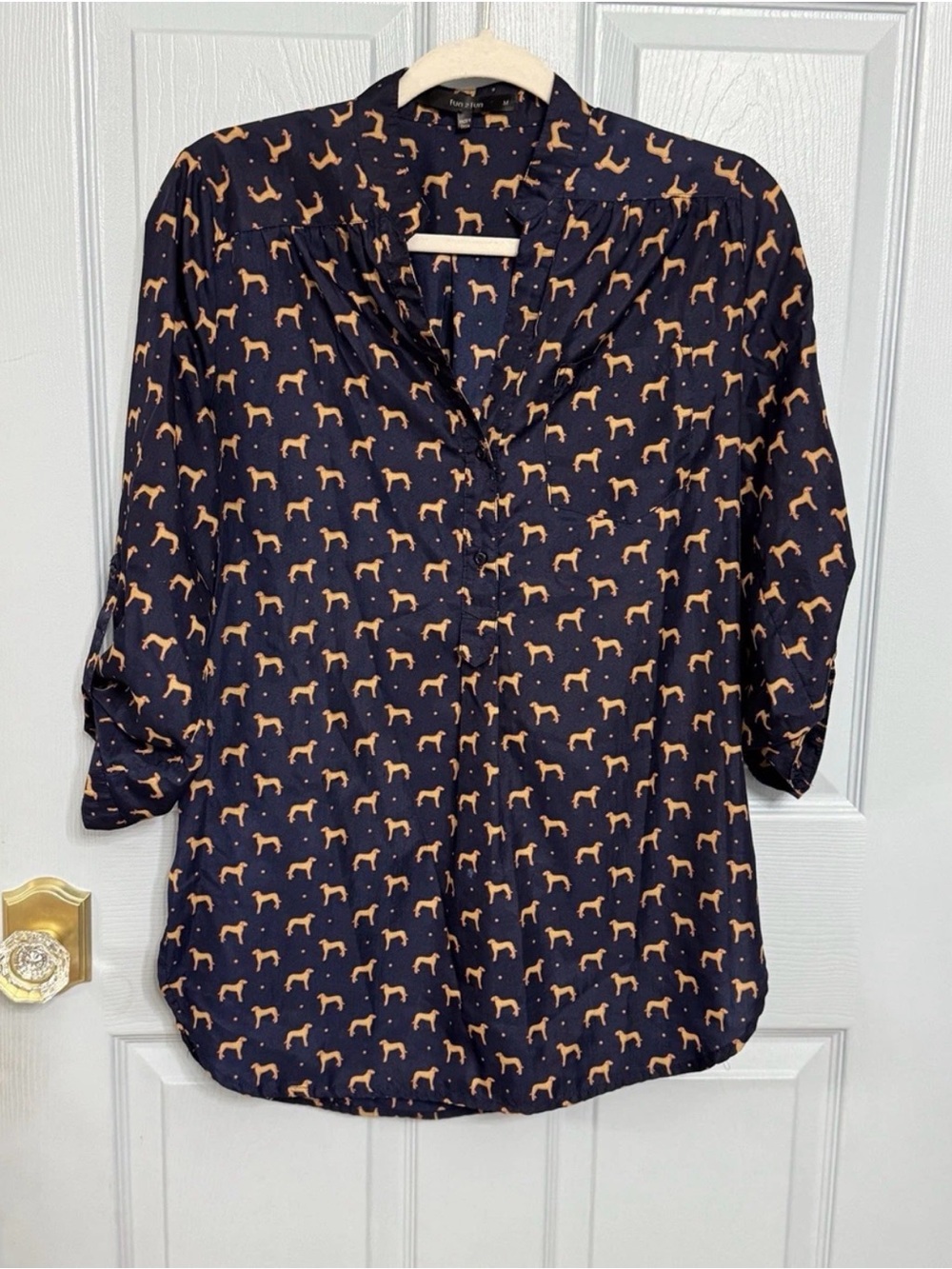 ModCloth Fun 2 Fun Navy Brown Dog Print Top Shirt Medium